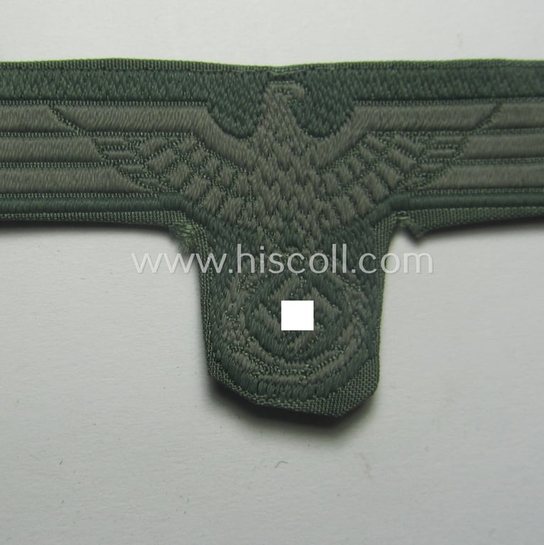 Early- (ie. mid-) war-period, WH (Heeres) cap-eagle & cocarde-set (ie. 'Schiffchenmützen-Adler u. Kokarde-Satz für Mannschaften u. Uffz.') being a 'virtually mint' set as executed in bluish-grey-coloured linnen on a field-grey-coloured background