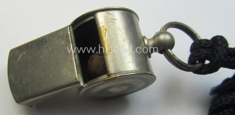 WH (Heeres, Kriegsmarine, HJ etc.) personal-equipment-item: a nickle-chrome-based flute (ie. 'Dienstflöte') onto its original (darker-blue-coloured- and/or twisted) lanyard