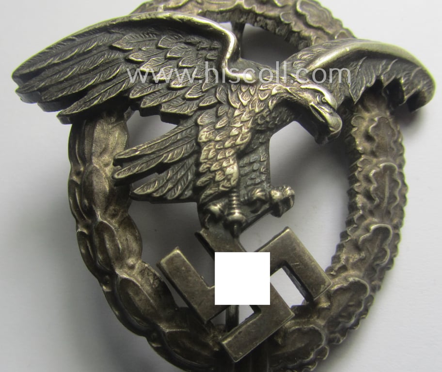 Superb, WH (Luftwaffe) 'Flugzeug-Beobachter-Abzeichen' (ie. observers'-war-badge) being a neatly maker- (ie. 'A'- ie. 'Assmann & Söhne'-) marked and/or: 'Buntmetall'- (ie. 'Tombak'-) based example