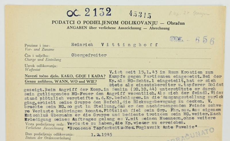 Croatian/German WW2 Bronze Bravery Medal Certificate 'Heinrich Vittinghoff'