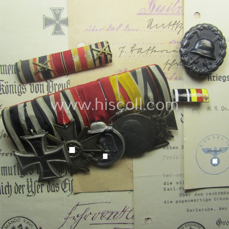 Interesting, 8-pieced 'WWI'- (ie. TR-) related grouping comprising of a 5-pieced medal-bar (ie. 'Ordenspange'), 2 ribbon-bars, a black-class wound-badge and 4 award-documents as awarded to Gustav Adolf Rittler