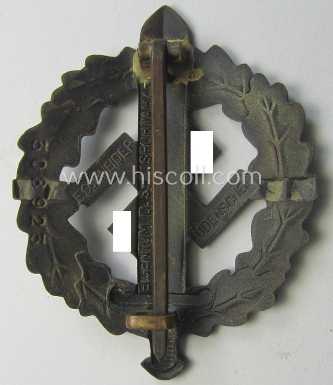 Attractive, early- (ie. pre-) war-period 'SA Sportabzeichen in Bronze' being a nicely maker- (ie. 'E. Schneider'-) marked example that bears a unique, stamped bearers'-number that reads: '308923' on its back