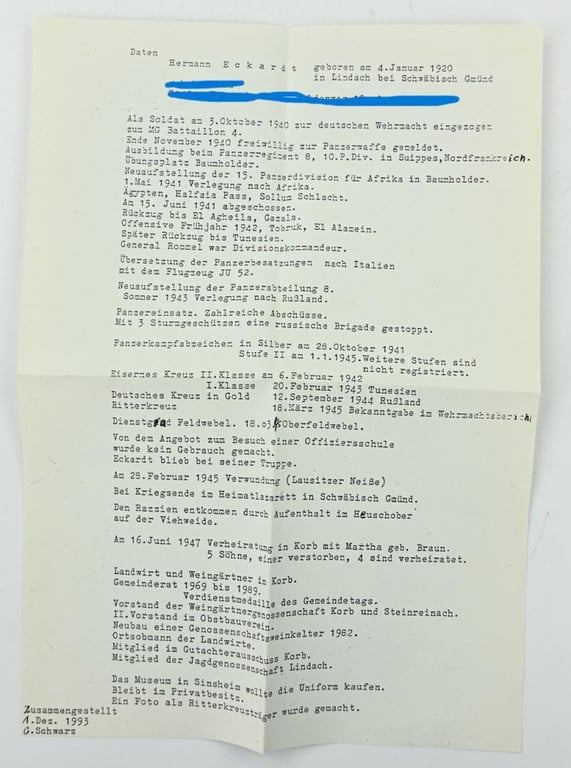Signature of Wehrmacht Heer KC Recipient 'Hermann Eckhardt'