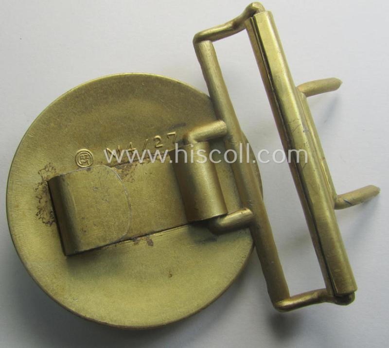 'Virtually mint', 'N.S.D.A.P.'- (ie. 'politischen Leiter'-) related bright golden-toned- and/or aluminium-based belt-buckle being a maker- (ie. 'RzM' - 'M4/27'-) marked example that comes in a hardly- even never used- nor worn, condition