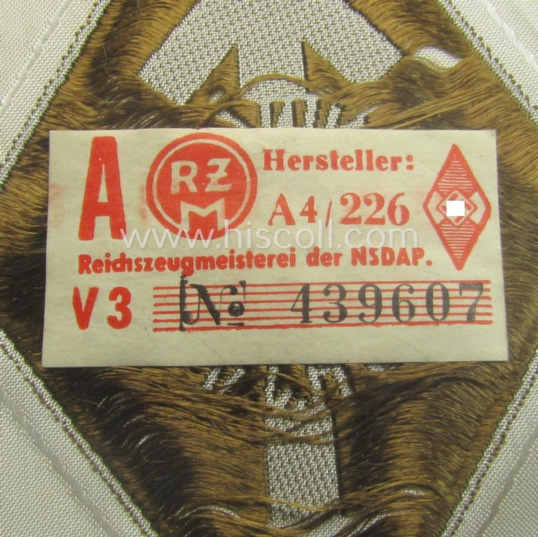 HJ- (ie. 'Hitlerjugend') 'Leistungsabzeichen in Bronze in Stoff' that retains its period-attached 'RzM'-etiket