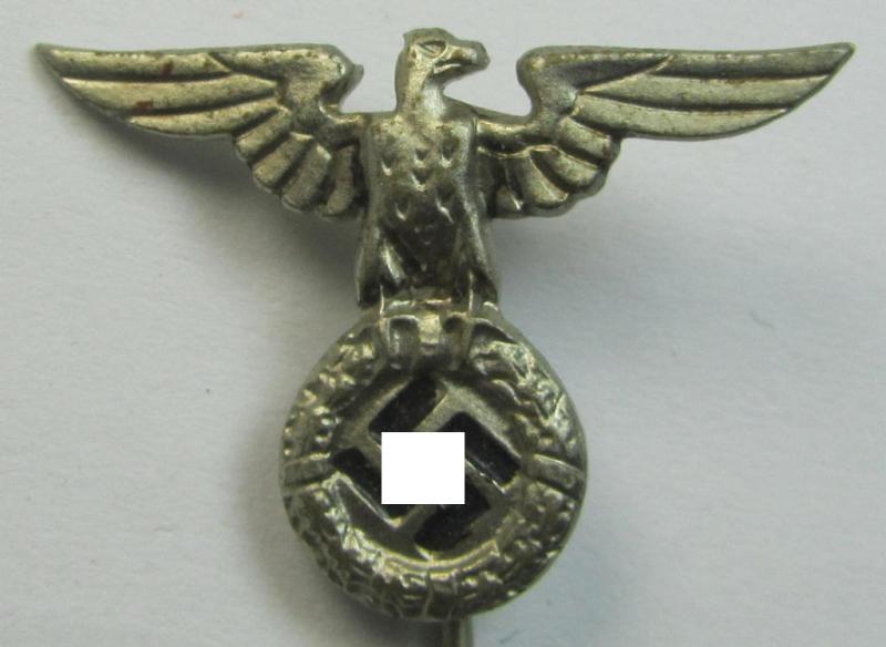Silverish-coloured - and truly very detailed! - so-called: 'N.S.D.A.P.'-supporter- (ie. membership-) lapel-pin (ie. 'tie'-pin) being a non-maker-marked example showing a pronounced (early pattern) 'Reichsadler'-device