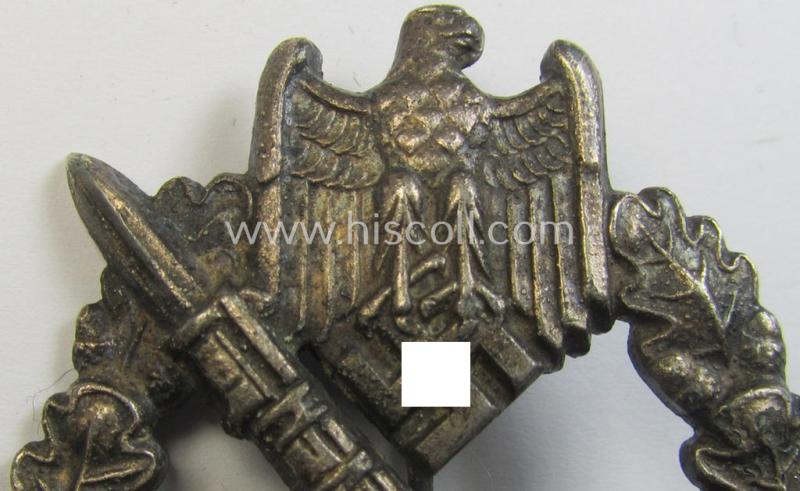 Attractive, 'Infanterie Sturmabzeichen in Silber' (or: silver-class infantry-assault-badge ie. IAB) being a non-maker-marked, so-called: 'solid-back- ie. copper-coated'-example as was (I deem) produced by the: 'E. Ferd. Wiedmann'-company