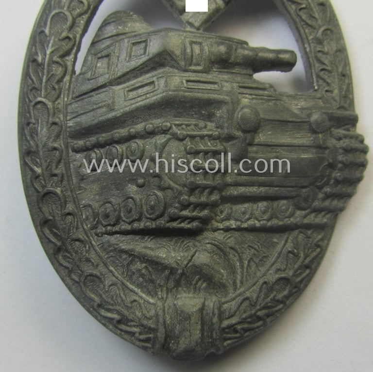Incomplete 'Panzerkampfabzeichen in Silber' (or: silver-class panzer-assault badge or PAB) being a maker- (ie. 'AS' in a triangle-) marked- and/or typical zinc- (ie. 'Feinzink'-) based specimen as was procuced by a to date unknown maker