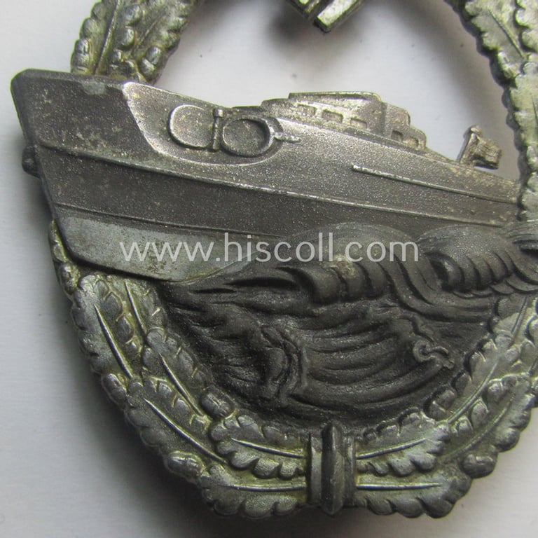 Superb, WH (Kriegsmarine) so-called: 'Kriegsabzeichen für Schnellboote - 2. Modell' (or: E-boat-war-badge of the 2nd model) being a maker- (ie. 'Fec. W.E. Peekhaus'-) marked example as was produced by the: 'Schwerin'-company
