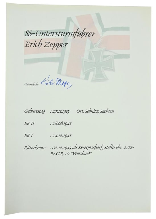 Signature of Waffen-SS KC Recipient 'Erich Zepper'