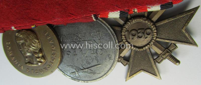 Superb, 3-pieced WWII-period medal-bar (ie. 'Ordenspange') showing respectively a: 'KvK II.Kl. mit Schwertern', an: 'Ost'-medal and a WWII-period, Romanian medal: 'Kreuzzug gegen den Kommunismus'