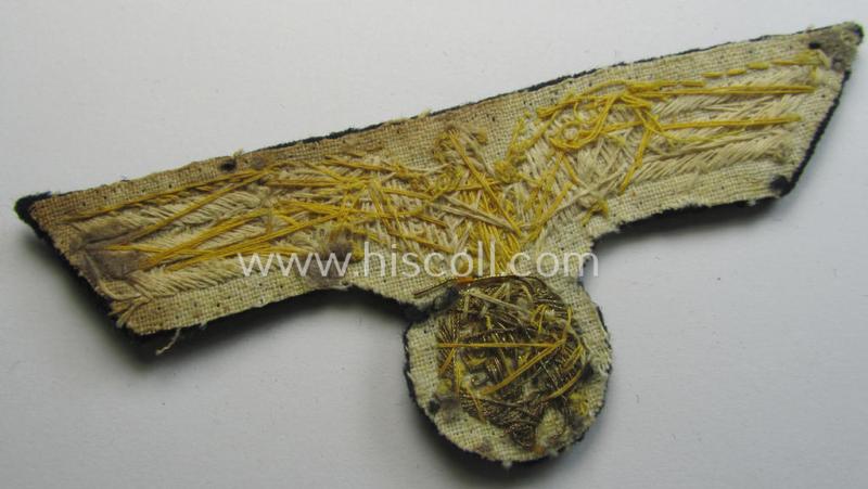 Superb - and just moderately used! - WH (Kriegsmarine) officers'-type, hand-embroidered breast-eagle (ie. 'Brustadler für Offiziere') as was executed in bright-golden-coloured braid as was intended for usage on the various officers'-pattern tunic...