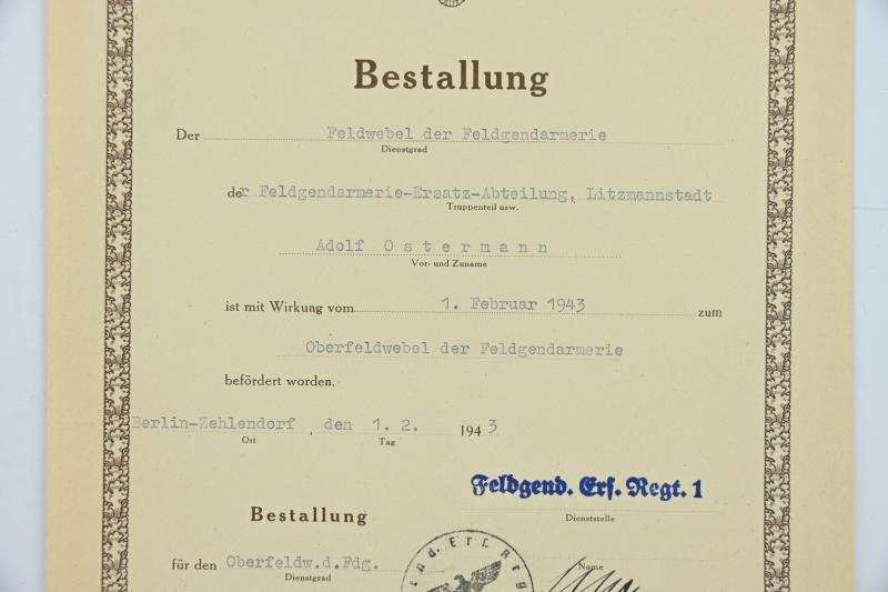 German WH Feldgendarmerie Rank Promotion Certificate