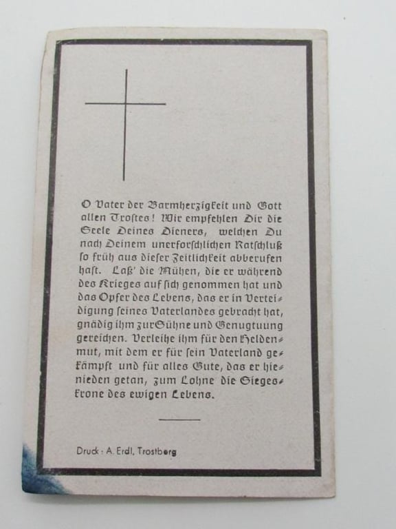 Wehrmacht ( Gebirgsjäger ) Death Card