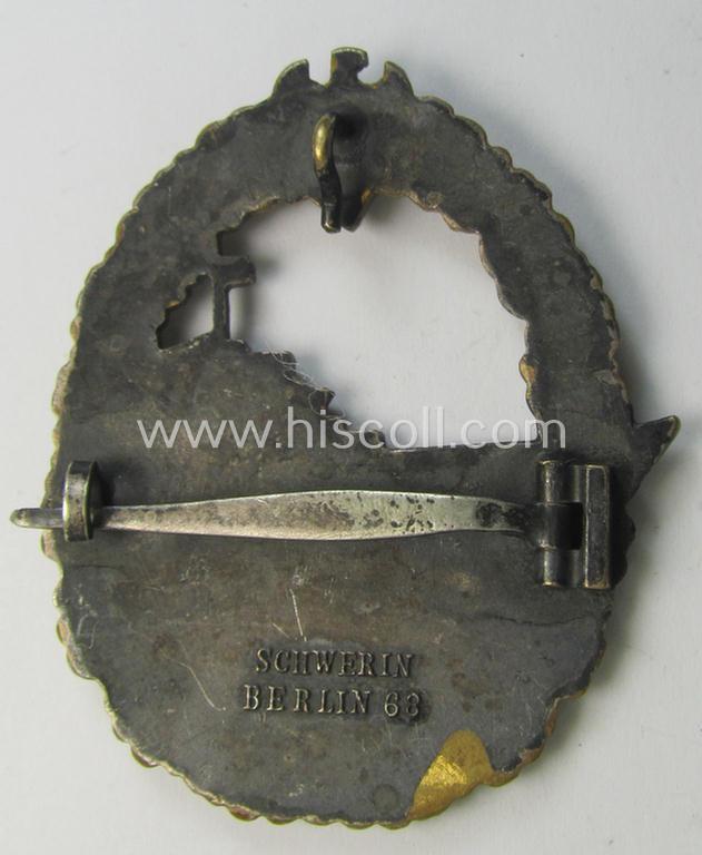 Attractive - albeit moderately worn! - WH (Kriegsmarine) 'Zerstörerkriegsabzeichen' being a maker-marked example as executed in typical 'Buntmetall' as was produced by the desirable maker (ie. 'Hersteller'): 'Schwerin - Berlin'