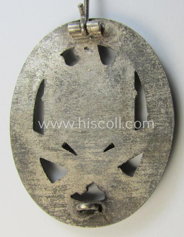 Attractive, 'Allgemeines Sturmabzeichen' (or: General Assault Badge ie. GAB) being a non-maker-marked, zinc- (ie. 'Feinzink'-) based: 'flat-back-variant' as was (presumably) produced by the maker (ie. 'Hersteller'): 'Hermann Wernstein'