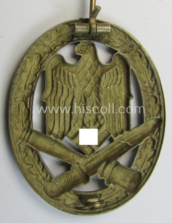 Superb - and moderately worn! - 'Allgemeines Sturmabzeichen' (or: General Assault Badge ie. GAB) being an unmarked, 'Buntmetall'-based- and/or 'hollow-back'-specimen as was produced by the: 'Wilhelm Deumer'-company
