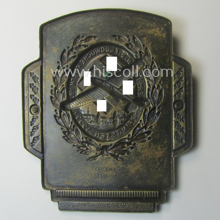 Attractive - very detailed and most certainly scarcely found! - neatly reddish-bronze-coloured (and I deem 'tin-metal'-based-) so-called: 'door-plaque' (ie. 'Türplakette') entitled: 'Erste N.S. Flugwoche - Fürth i./B. - Pfingsten 1933'