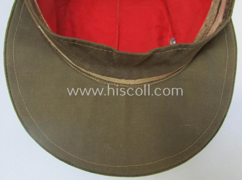 WH (Heeres), 'M41-pattern', tropical-issued field-cap (ie.: 'Tropen-Einheitsfeldmütze') being an (approx.) 57-cms.-sized example that is totally void of a makers'-, date- nor size-designation and that comes in a moderately worn- ie. used, condit...