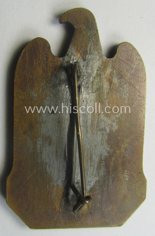 Repaired, N.S.D.A.P.-related 'tinnie' (ie. 'Tagungs- o. Veranstaltungsabzeichen'-) being a non-maker-marked, 'solid-back'-pattern and/or golden-bronze-toned example showing the text: 'N.S.D.A.P. Reichsparteitag - Nürnberg 1933'