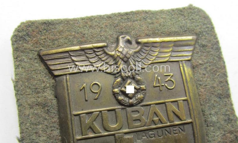 WH (Heeres ie. Waffen-SS) 'Kuban'-campaign-shield that comes mounted onto its original field-grey-coloured- and/or woolen-based 'backing'