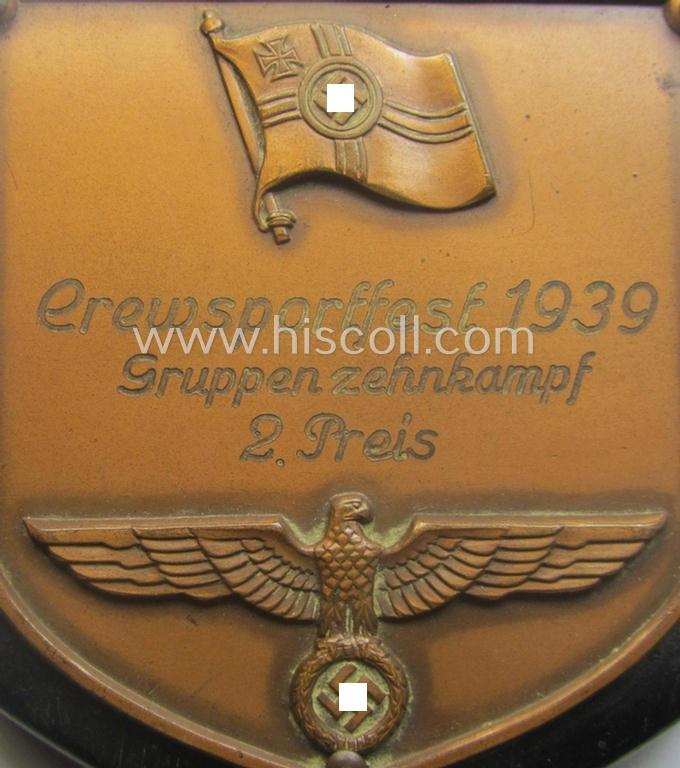 Golden-bronze-toned, so-called: 'nichttragbarer Ehrenpreis' (ie. commemorative-plaque) showing the text: 'Crewsportfest 1939 - Gruppenzehnkampf - 2. Preis'