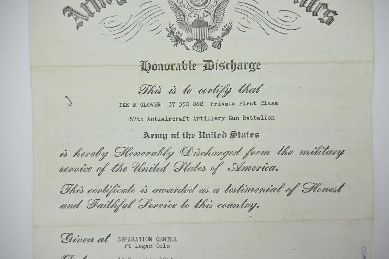US WW2 HD papers Ike M Glover '67th AAA Gun Battalion'