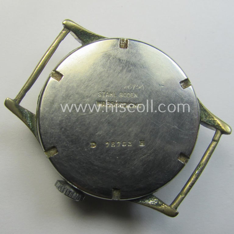 Neat - and scarcely encountered! - WH (Heeres, LW etc.) WWII-period wrist-watch (or: 'Dienstuhr') of the make: 'Glycine' having an engraved number: 'D76763H' on its back (and that comes in a functional- ie. running condition)