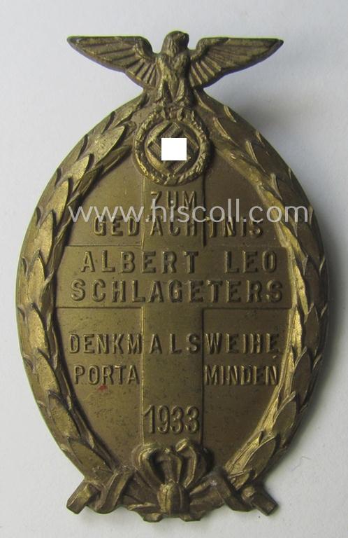Neat - and scarcely encountered! - N.S.D.A.P.- related 'tinnie' being a maker- (ie. 'Wächtler & Lange'-) marked example showing the text: 'Albert Leo Schlageters Denkmalsweihe - Porta Minden - 1933'