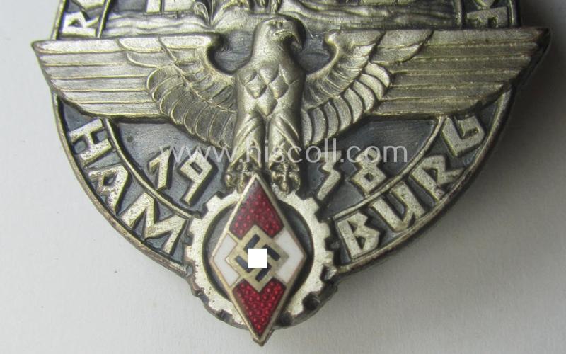 Rarely found, HJ- ie. BDM (ie. 'Hitlerjugend' or: 'Bund Deutscher Mädel') related day-badge: 'Reichskampf Hamburg 1938'
