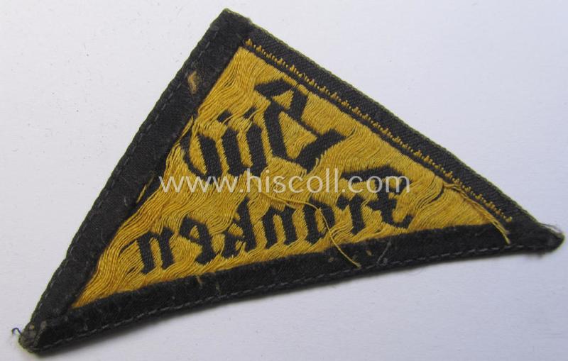 Early-period, 'HJ' ('Hitlerjugend') district-triangle (ie. 'Gebietsdreieck') entitled: 'Süd Franken' (being a clearly used- ie worn example that regrettably misses its 'RzM'-etiket)