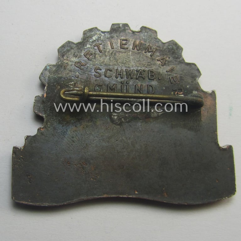 Attractive, so-called: 'KdF'- ('DAF- o. Kraft durch Freude'-) related day-badge (ie. 'tinnie') depicting a large vessel ie. cruise-ship, 'DAF-Zahnrad' and text that reads: 'Kraft durch Freude - Atlantikfahrt 1936'