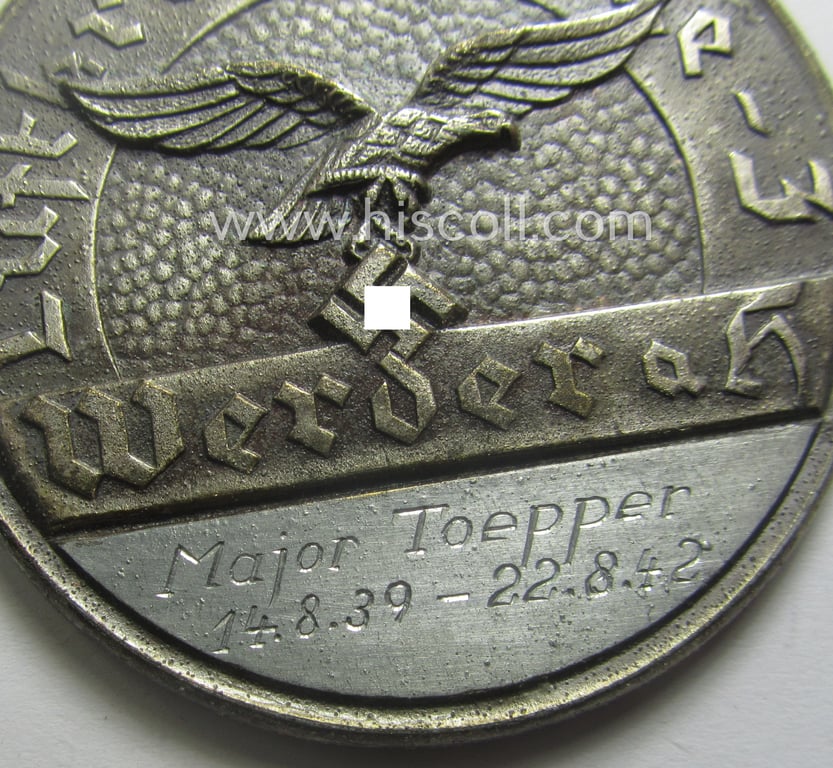 Superb - and never before seen! - WH (Luftwaffe) related, commemorative-plaque (ie. 'Erinnerungs- o. nichttragbare Plakette') entitled: 'Luftkriegsschule - 3 - Werder aH' and bearing the period-engraved text: 'Major Toepper - 14.8.39 - 22.8.42'