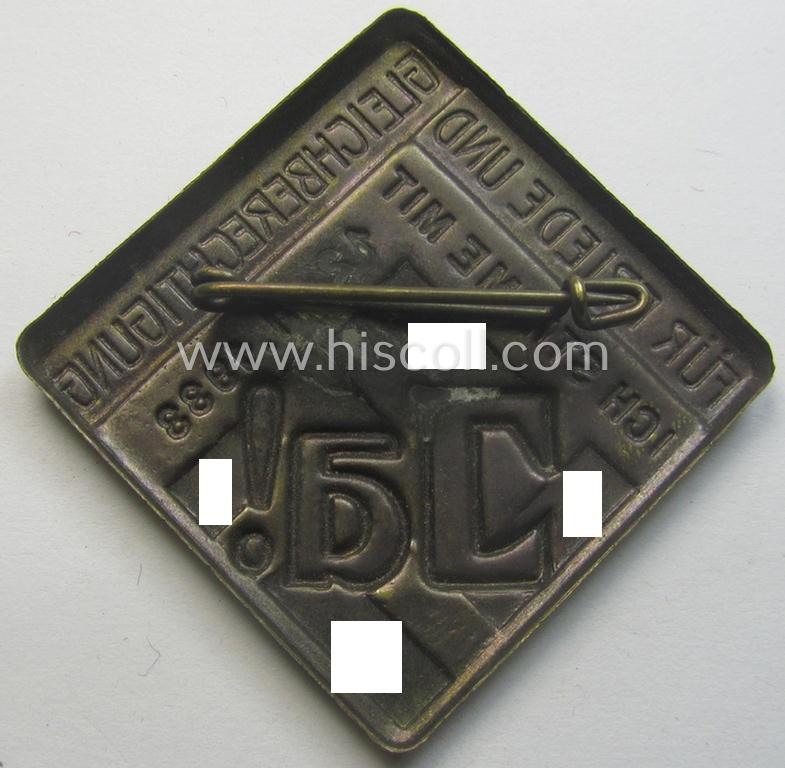 Partly bright-red-coloured, golden-bronze-toned N.S.D.A.P.-related day-badge (ie. 'tinnie' or: 'Veranstaltungsabzeichen'): 'Ja - Für Friede und Gleichberechtigung - Ich stimme mit - 12.11.1933'