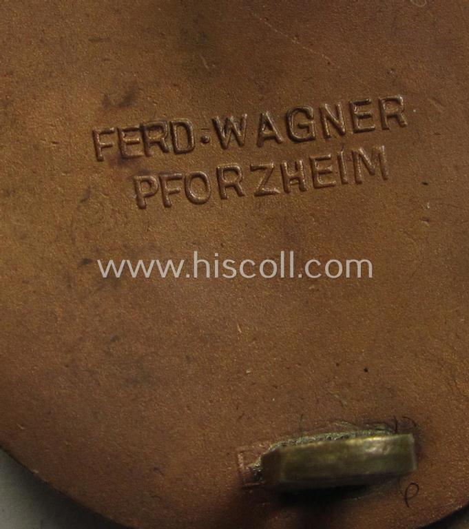 'HJ'- ('Hitlerjugend') ie. 'BDM'- ('Bund Deutscher Mädel') related: 'Reichsberufswettkampf-Siegerabzeichen' (of the 2nd model) entitled: 'Kreissieger 1939' and being a neatly maker- (ie.: 'Ferd. Wagner'-) marked example