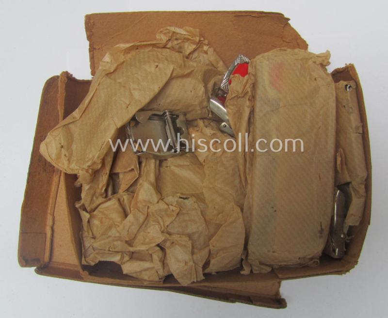 Attractive - and unusually seen! - smaller-sized, 'ornamented' and silver-toned (ie. chromed metal-based) patriotic belt-buckle (ie. 'N.S.D.A.P.'-supportive-piece) being a 'mint- ie. unissued' example that shows some (minimal) rust-staining