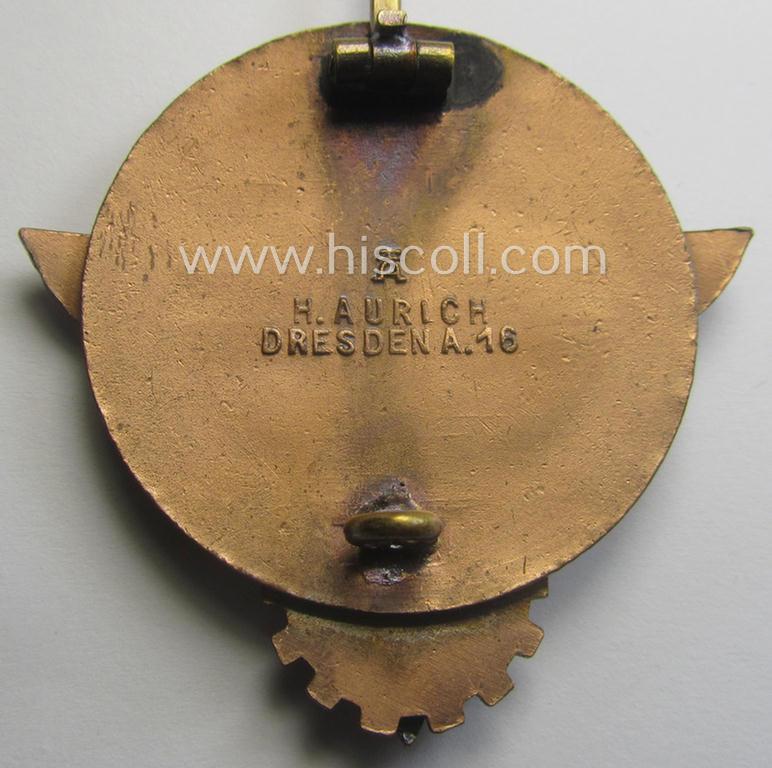 'HJ'- ('Hitlerjugend') ie. 'BDM'- ('Bund Deutscher Mädel') related: 'Reichsberufswettkampf-Siegerabzeichen' (of the 2nd model) entitled: 'Kreissieger 1939' and being a neatly maker- (ie.: 'H. Aurich'-) marked example