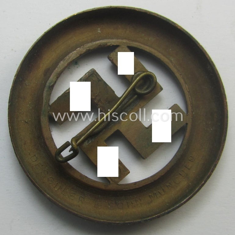 N.S.D.A.P.-related 'Tagungs- o. Veranstaltungsabzeichen' (also referred to as: 'Gau München'-honorary-badge) being a maker- (ie. 'Deschler & Sohn'-) marked example showing the text: 'Und Ihr habt doch gesiegt - 1933!