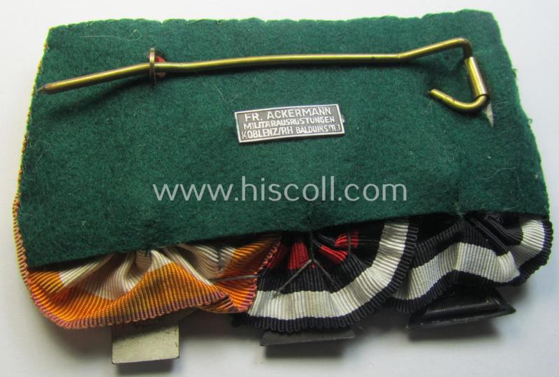 Attractive - and neatly maker-marked! - WWI- (ie. TR-) period so-called: 'Ordenspange' (being of the non-'detachable-pattern') showing resp. an: 'EK II. Kl.'. a: 'FKK 1914-18 mit Schw.' and a: 'Feuerwehr-Ehrenzeichen der II. Stufe'