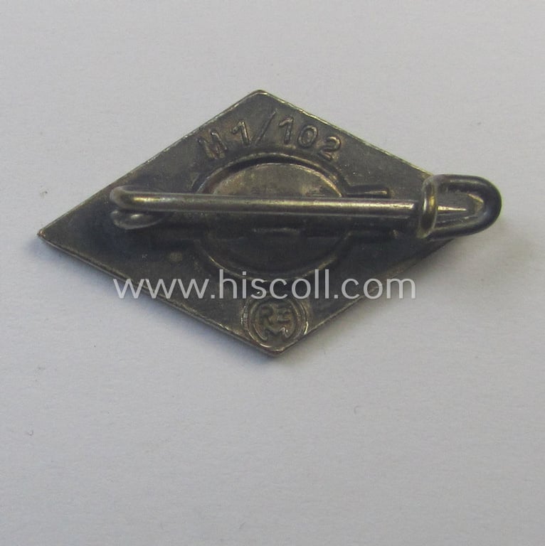 HJ (ie. 'Hitlerjugend') enamelled lapel-pin (ie.: 'Raute') with a: 'RzM - M1/102'-makers'-designation