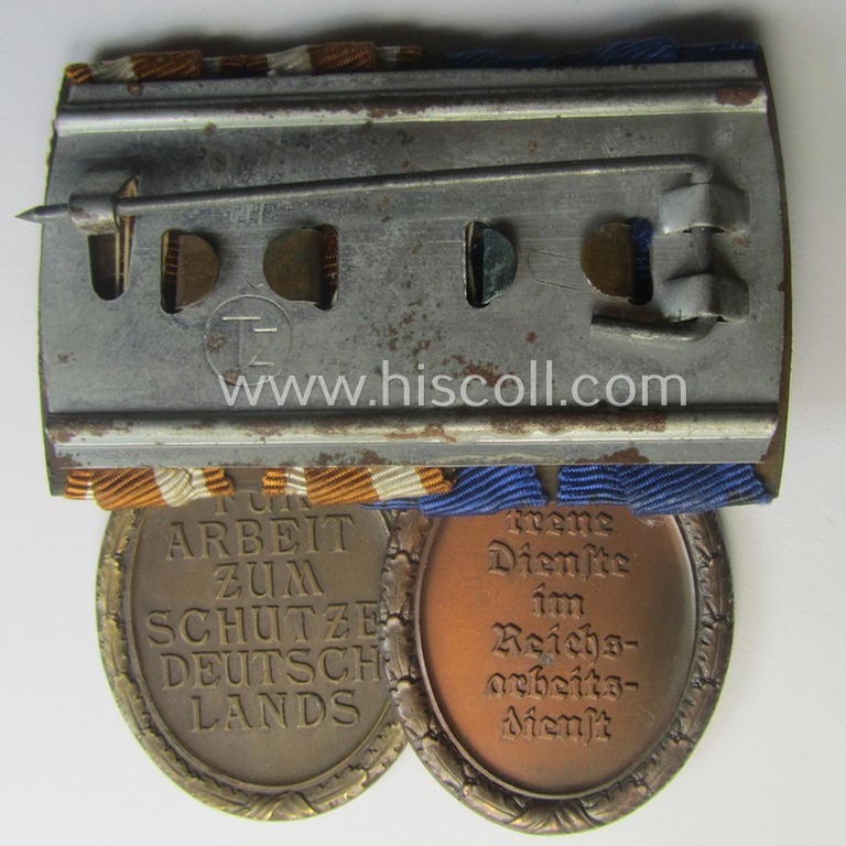 2-pieced RAD- (ie. 'Reichsarbeitsdienst'-) related medal-bar (ie. 'Orden- o. Doppelspange') showing resp. a: 'Dienstauszeichnung 4. Stf. für Männer' and a: 'Deutsches Schutzwall Ehrenzeichen' (aka: 'Westwall'-medal)