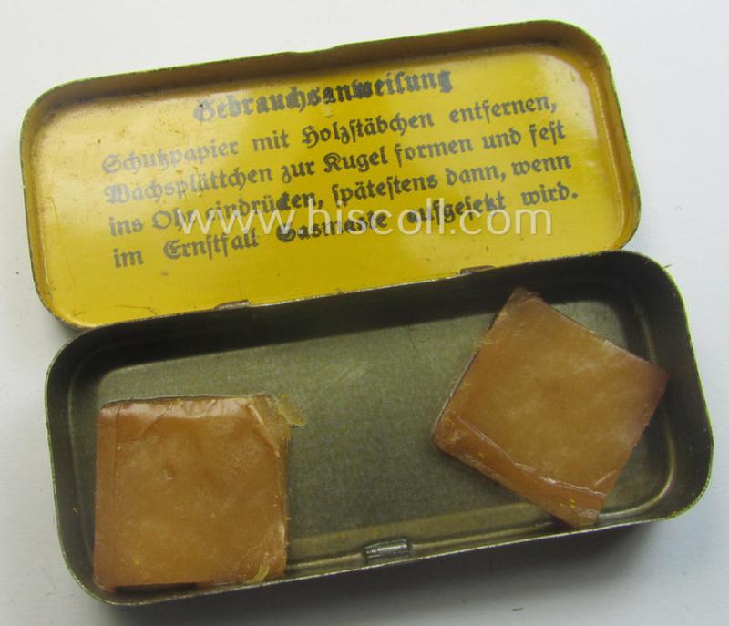 Interesting - and scarcely found! - WH medical-equipment piece: a yellow-toned and tin-based box marked: 'Ohrverschluss für Trommelfellverletzte' (that still holds most of its period contents!)