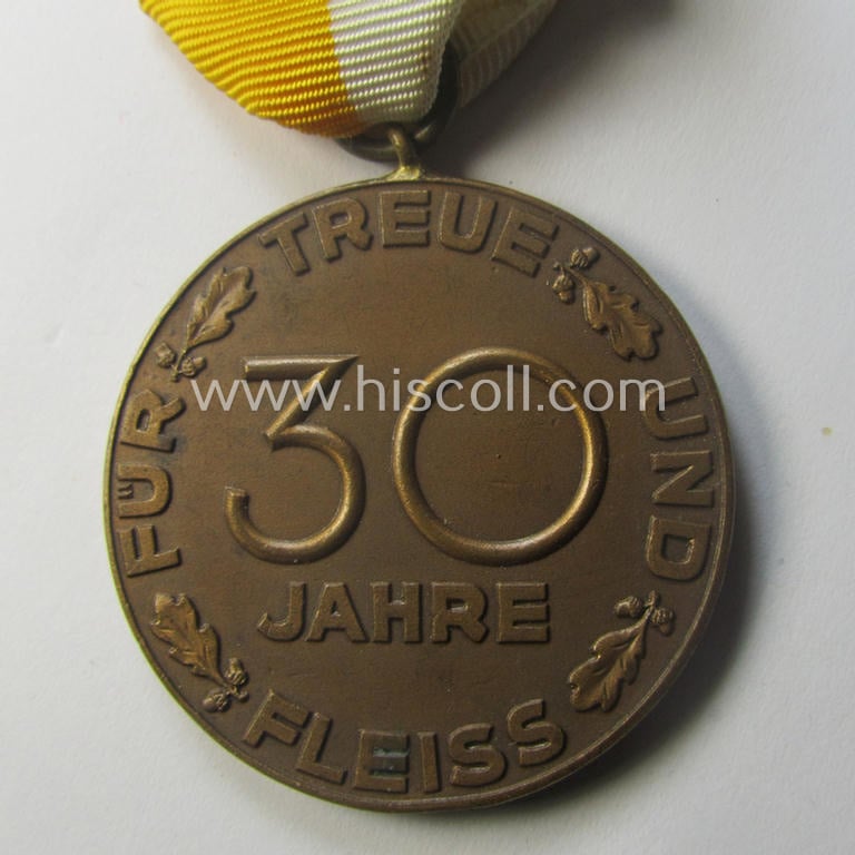 Golden-bronze-toned, typical 'Reichsnährstand'- (ie. 'RNSt.'-) related, (portable) loyal-service-award entitled: 'Reichsnährstand - Landesbauernschaft Schlesien - Für 30 Jahre Treue und Fleiss'