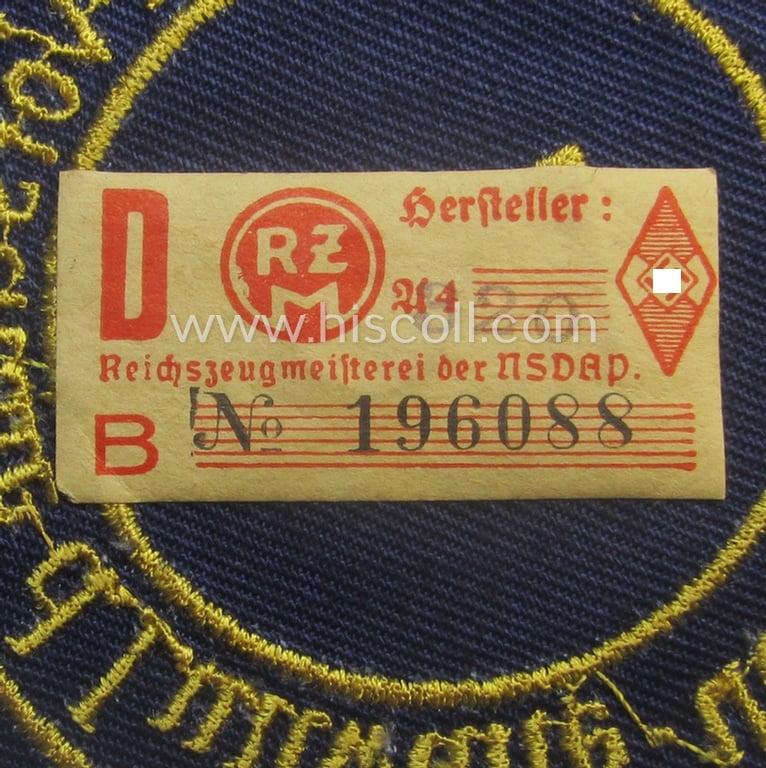 HJ- (ie. 'Flieger-HJ') specialist-armbadge (or: 'Schulabzeichen') depicting the text: 'Techn. Vorschule d. Luftwaffe - 2 - Bremen-Hemelingen' (still retaining its period 'RzM'-etiket!)