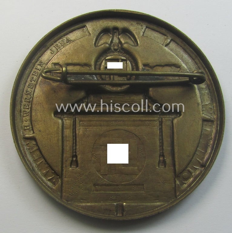 Golden-bronze-toned, N.S.D.A.P.-related day-badge (ie. 'tinnie' or: 'Veranstaltungsabzeichen'): '10 Jahrige Wiederkerhr des Reichsparteitages Weimar - 1926-1936'