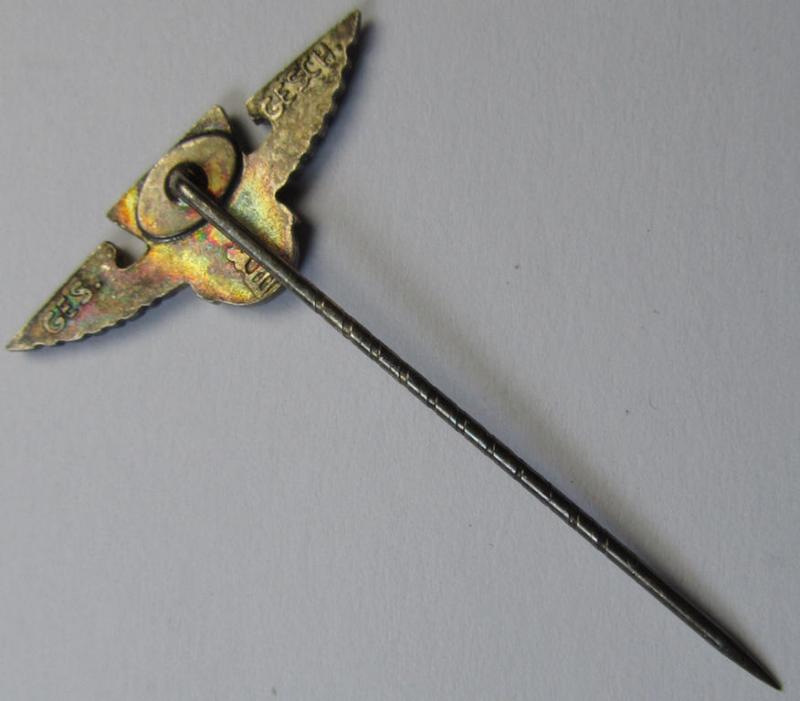 Membership-lapel-pin as was intended to signify (reservist) membership within the: 'Sturmabteilungen der N.S.D.A.P. - Reserve II' ie. 'SAR') being a maker-marked example that bears a: 'Ges.Gesch.'-patent-pending-designation on its back