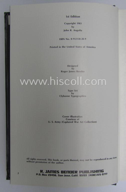 Out-of-print 'Bender-Publishing'-reference-book entitled: 'Cloth insignia of the Waffen-SS' by John R. Angolia (being a first edition as was published in 1983)