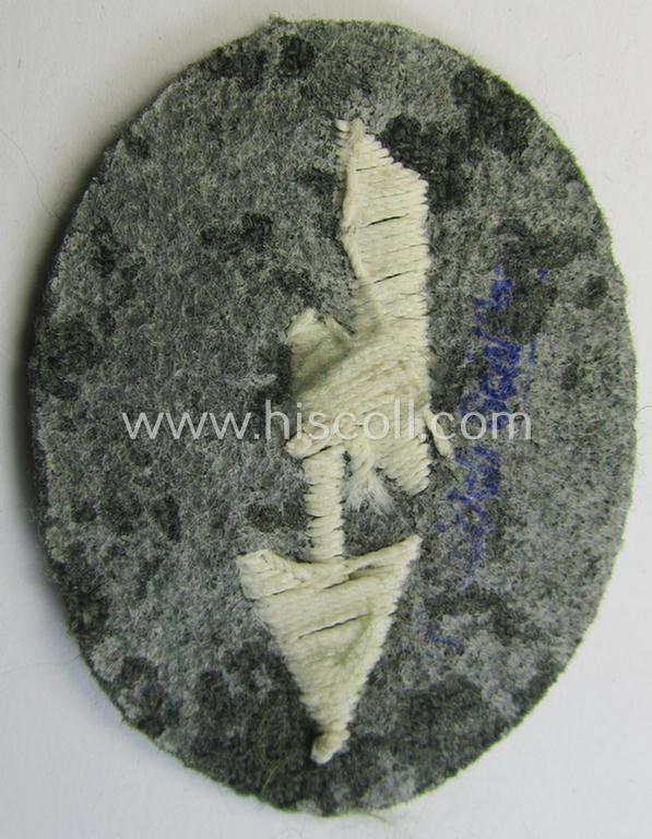 Used- and/or tunic-removed WH (Heeres) trade- and/or special career insignia ie. hand-embroidered signal-blitz (being a neatly maker-marked example as executed in white) as was intended for a soldier serving within the: 'Infanterie-Truppen'