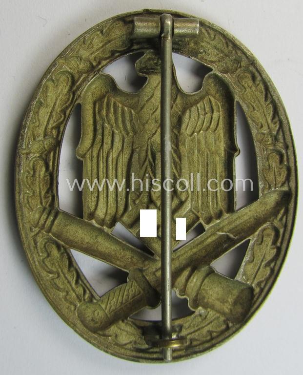 Superb - and moderately worn! - 'Allgemeines Sturmabzeichen' (or: General Assault Badge ie. GAB) being an unmarked, 'Buntmetall'-based- and/or 'hollow-back'-specimen as was produced by the: 'Wilhelm Deumer'-company