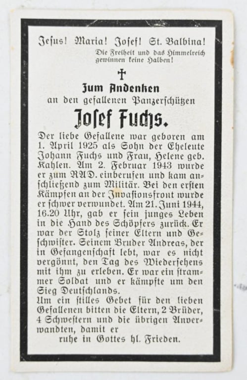 German Deathcard WH Panzerman Josef Fuchs Invasionfront